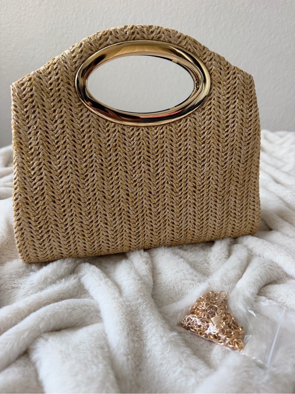 Amazon Woven Straw Clutch with Gold Oval Handle - Tan